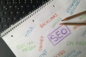 SEO Services for Trade Companies in Martin County Florida a Notepad with Notes Written Like SEO, Backlinks, and Website